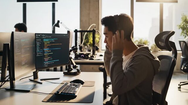 Programmer Working in Modern Office - A young male programmer is coding on dual screens in a contemporary office environment.