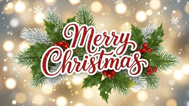 Festive merry christmas greeting with evergreen branches holly berries and bokeh lights background