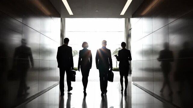 Silhouette of four business people walking down a modern office hallway towards bright light with sun flare effect