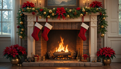 Cozy christmas fireplace with stockings and poinsettias creating a warm holiday atmosphere