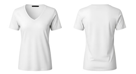 Front and back view of a blank white womens vneck tshirt, perfect for design mockups and apparel branding, isolated on white background