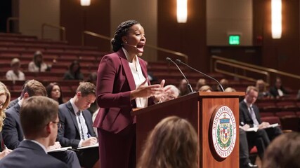 Academic Professional Delivers Speech - A professional woman in a burgundy suit delivers an enlightening speech from a podium to an attentive assembly.