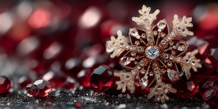 A golden snowflake with crystals and red gems on a dark surface close up