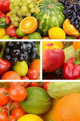Colorful Collage and Background of Fresh Assorted Fruits and Vegetables