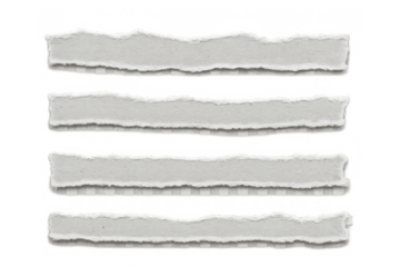 Torn paper strips vector set, blank scraps with ragged edges, horizontal white ripped pages ready for text on transparent background