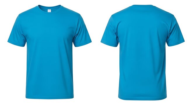 Plain blue shortsleeve tshirt, showing both front and back sides, ready for graphic design, isolated on white background