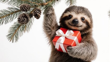 Obraz premium Cute Sloth Holding a Christmas Gift Under a Pine Tree.