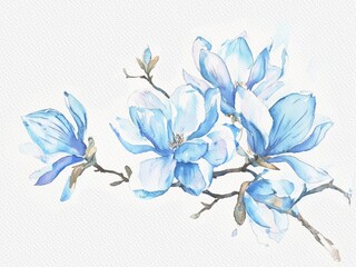 Magnolia blue watercolor flowers, spring background, tenderness, gentle watercolor mood,