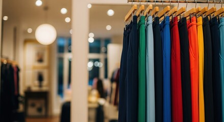 Colorful pants on a rack in a boutique. Blurred interior with lights. Focus on vibrant clothing