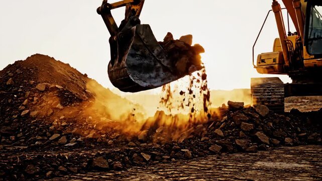 Excavator Digging in Action at Construction Site - An excavator's bucket is actively digging into a pile of soil and loose rocks at a construction site, highlighted by sunlight in the background.