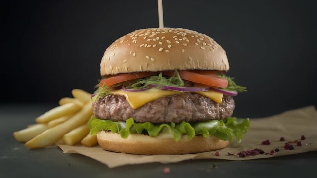 Sesame Bun Hamburger With Lettuce, Tomato, and Cheese on Brown Paper