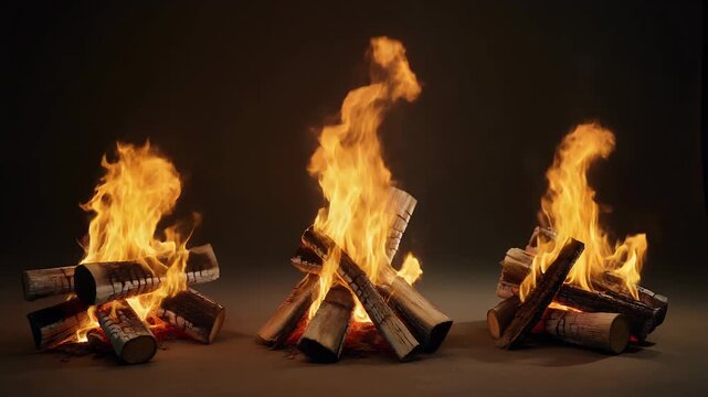Three Burning Wood Piles with Orange Flames on a Dark Brown Background