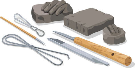 Clay tools and sculpting instrument vector collection for ceramics pottery hobby and art studio crafting activities exactly 130 characters