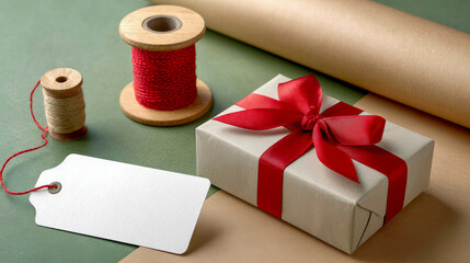Gift-wrapping supplies are arranged on a two-toned surface, featuring a roll of kraft paper above a wooden spool of red ribbon, a blank gift tag, and a wrapped gift box