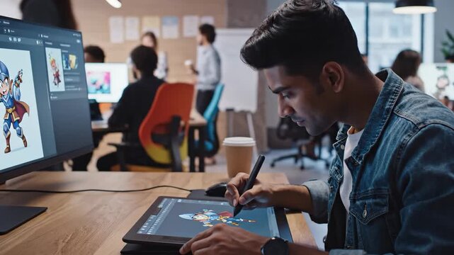 Artist Drawing 2D Game Characters - A young artist is drawing detailed 2D character animations on a graphic tablet. The art is for an engaging game, potentially for storytelling.