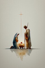 Watercolor painting of Mary and Joseph beside baby Jesus in the manger, with the star shining brightly above