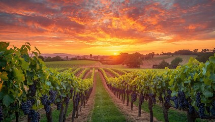 A scenic vineyard at sunset featuring rows of lush grapevines filled with ripe dark grapes