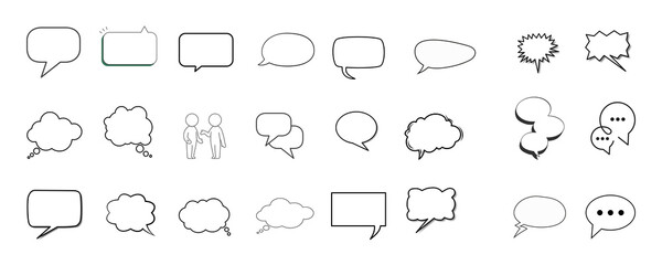 Icon Design, silhouette and line icon pack - Collection of hand drawn speech bubbles and thought bubbles in various shapes and styles isolated on transparent background