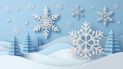 Winter decorative background with snowflakes and trees, large clean space for text, great for Christmas and New Year greeting cards, seasonal advertising, holiday banners and festive product promotion