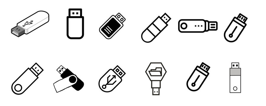 Icon Design, silhouette and line icon pack - Collection of usb flash drive icons in various styles and orientations isolated on transparent background