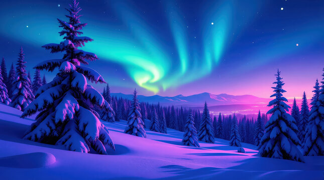 Northern lights winter landscape with Christmas holiday night sky, snowy forest and colorful aurora. Useful for banners, greeting cards, promotion and advertising projects.