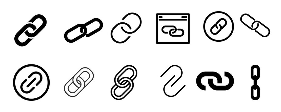 Icon Design, silhouette and line icon pack - Collection of diverse chain link icons representing connection and networking isolated on transparent background