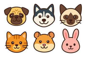 Fototapeta premium Cute animal faces: dog, cat, hamster, rabbit, husky, siamese in flat cartoon style