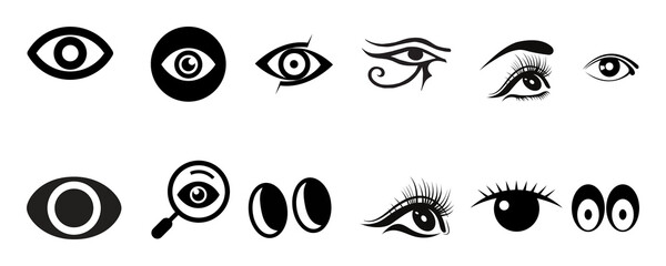 Icon Design, silhouette and line icon pack - Collection of diverse eye icons and symbols including egyptian eye of horus magnifying glass over eye and various artistic eye illustrations isolated on tr