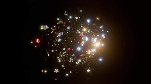 A star trail. Gold sparkles. Black background. Flying particles with christmas balls. Magic light. Fairy tail. Award for sparkling glitter trail particle. 3D Animation