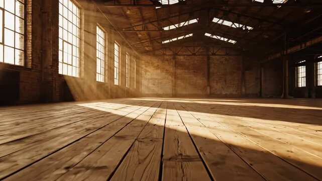 Sunlight in Empty Warehouse - Bright sunlight streams through large windows into an empty industrial warehouse. Long shadows stretch across the rustic wooden floor.