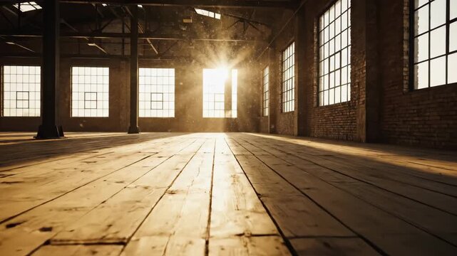 Sunlit Empty Warehouse Loft Interior - An empty industrial warehouse or loft space is filled with bright sunlight streaming through large windows.