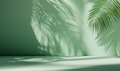 3D rendering of a green background with a palm leaf shadow for product presentation