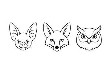 Obraz premium Minimalist animal faces: bat, fox, owl in simple black and white design