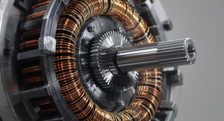 Detailed close-up of a motor's internal workings, showcasing copper coils & gears