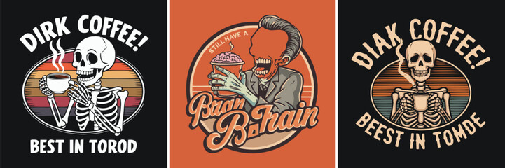 Vintage skeleton coffee and brain drink artwork with retro colours, humorous dark café theme illustration