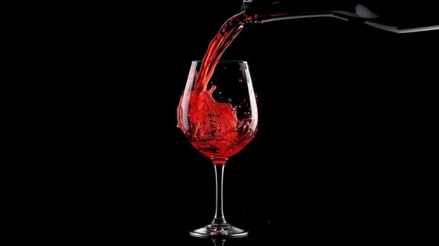 A delicate pour of ruby red wine gracefully fills a crystal glass against a stark black background