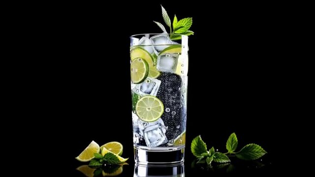 A refreshing lime drink alive with ice and mint promises cool relief on a hot day on reflective dark