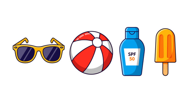 Summer essentials: sunglasses, beach ball, sunscreen, ice pop in a fun cartoon style