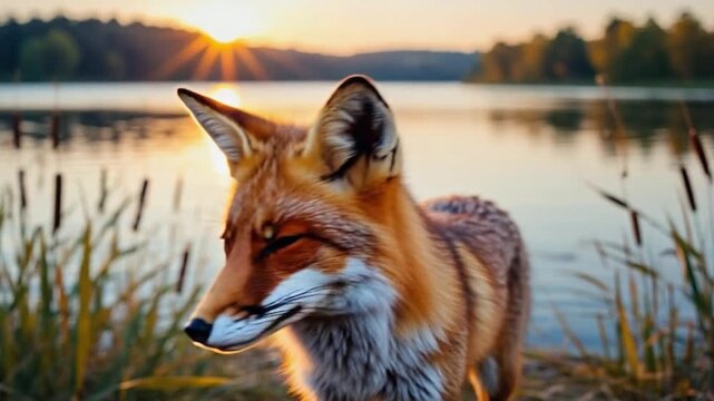 Close up portrait of a red fox near a lake during sunset with cattails in the foreground fox video