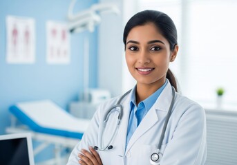 Portrait of a confident female doctor wearing a stethoscope in a modern medical examination room.