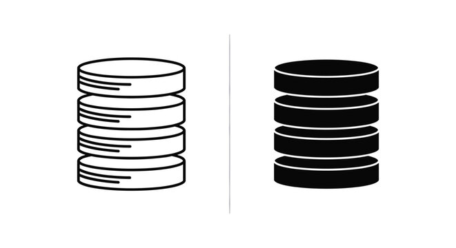 Stack of Coins or Database Disks Icon Set in Outline and Solid Styles