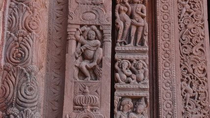 India, Uttar Pradesh, Lalitpur, Beautiful Carving Sculptures of Hindu Deities, Musicians and Doorkeeper on the Ancient Shree Dashavtara Lord Vishnu Temple of Deogarh. 