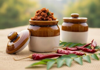 Traditional Indian chili pickle in ceramic jars with fresh curry leaves and dried chilies.