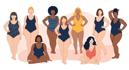 Diverse group of women in swimsuits celebrating body positivity and different shapes.