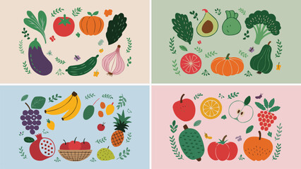 Colourful fruit and vegetable illustration set with organic produce, leaves and decorative elements on pastel panels