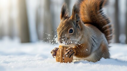 Adorable Red Squirrel Enjoying a Nut in a Snowy Forest Landscape During Winter.