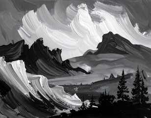 Monochrome brushstroke landscape painting with mountains and dynamic clouds