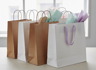 Shopping bags pile. Colorful gift bags with decorative paper on a table indoors  