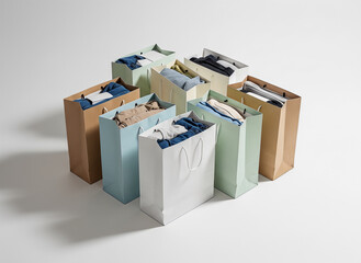 Shopping bags pile. Assorted shopping bags filled with clothing on white background  