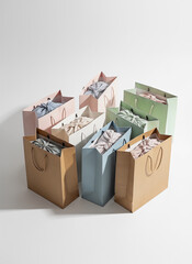 Shopping bags pile. Collection of colorful paper shopping bags with wrapped gifts inside  